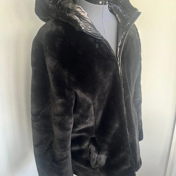 NEW Joseph Ribkoff Sz L Black Reversible Faux Fur Quilted Puffer Coat - Picture 13 of 16